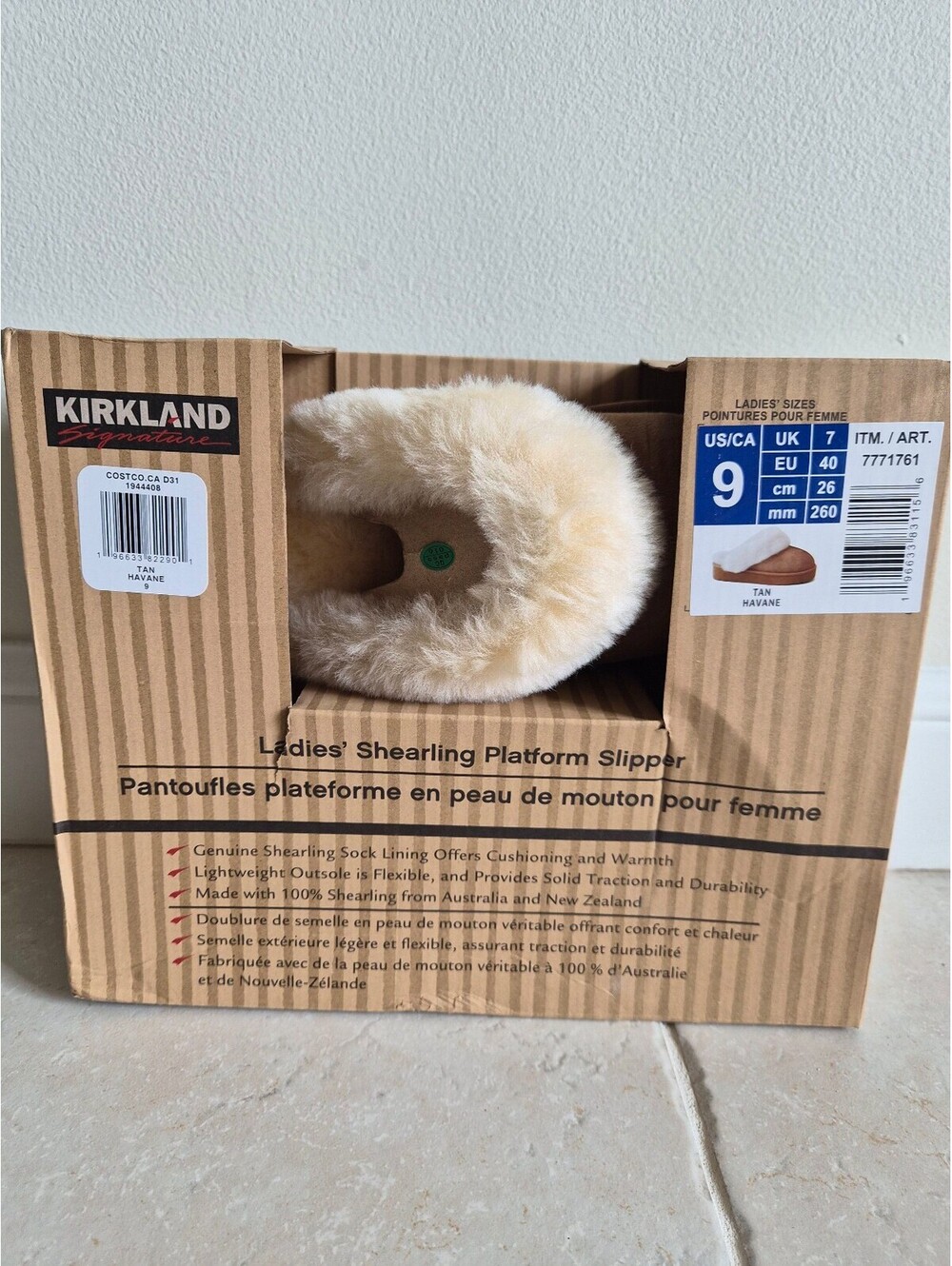 Kirkland Signature Ladies' Shearling Platform Slippers Tan Size 9 0256
